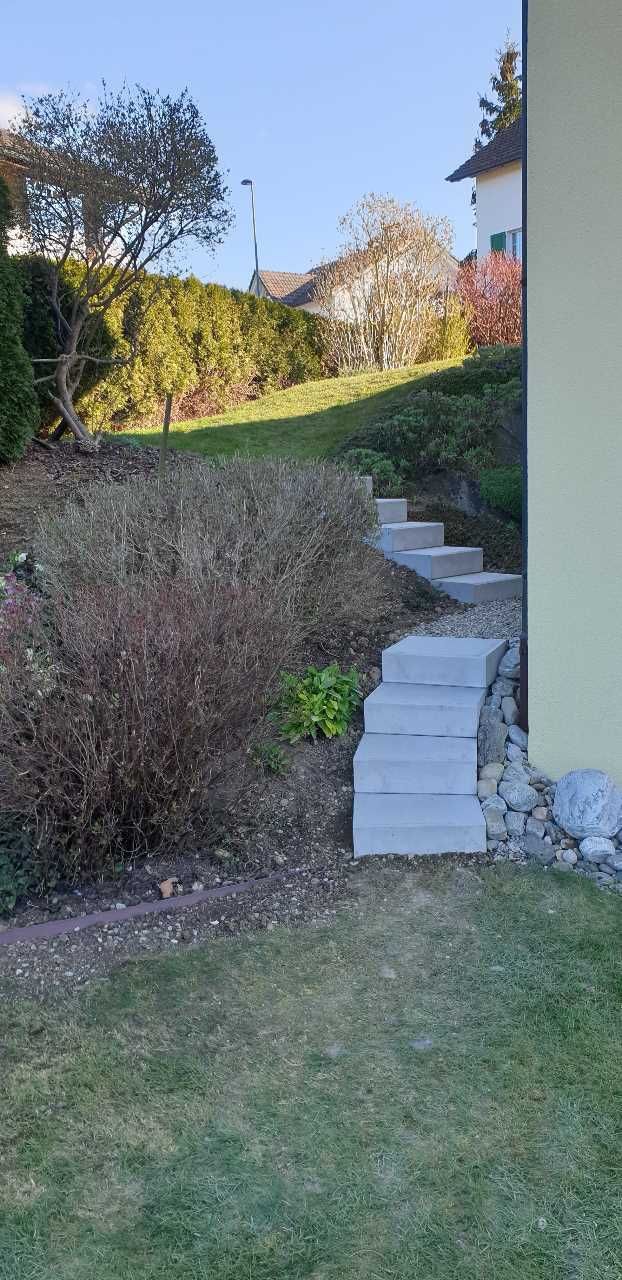 Ein Steingartenweg schlängelt sich durch Sträucher und Rasen in einem sonnigen Garten