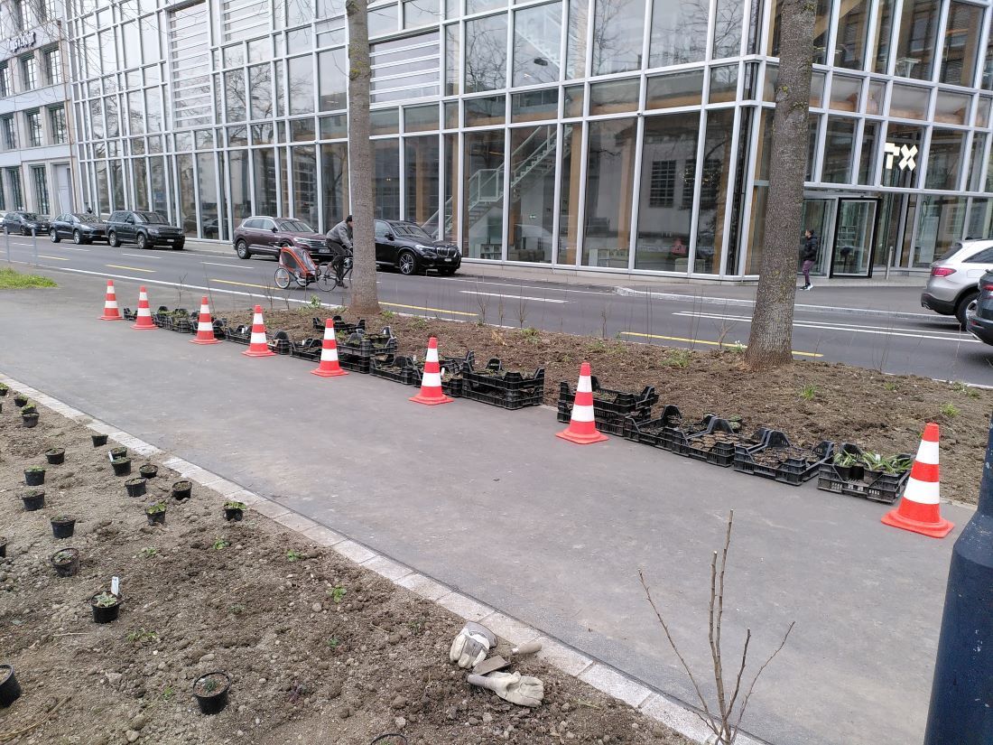 Gehweg im Bau, abgesperrt mit orangefarbenen Kegeln, neben einem modernen Glasgebäude