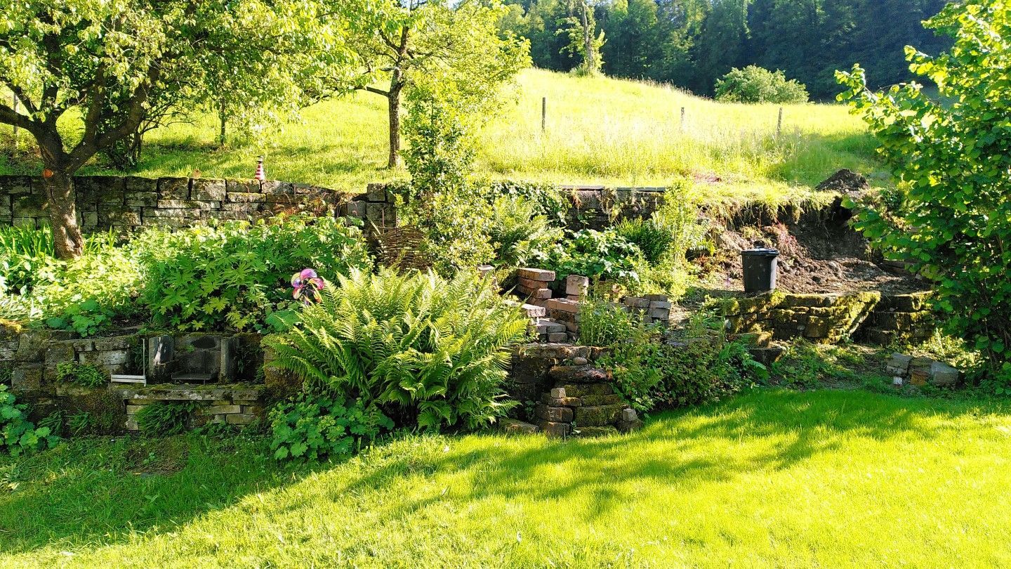Sonniger Garten mit Steinmauer, grünem Rasen, Sträuchern und Bäumen an einem Hang
