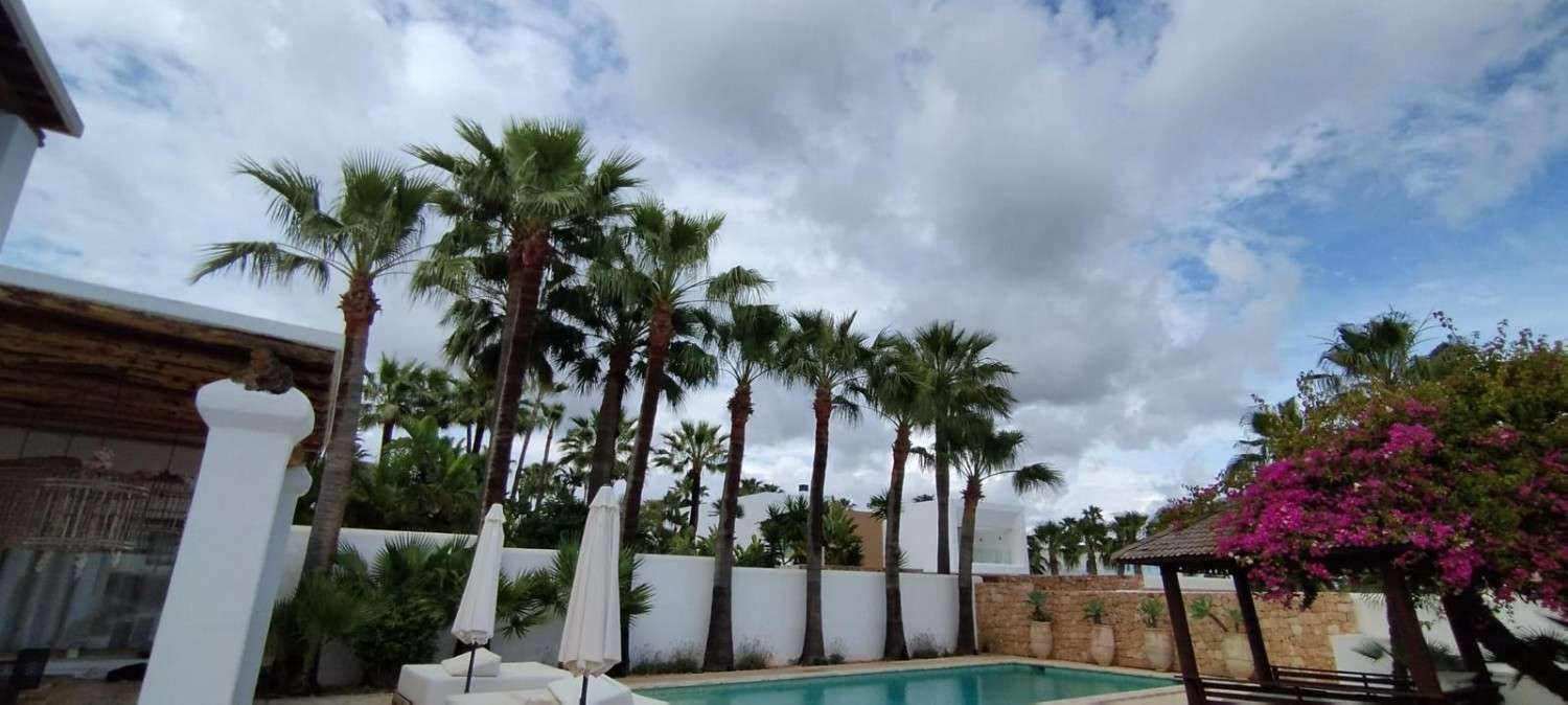 Unas palmeras bordean una piscina con sombrillas y un edificio, con un cielo nublado encima.