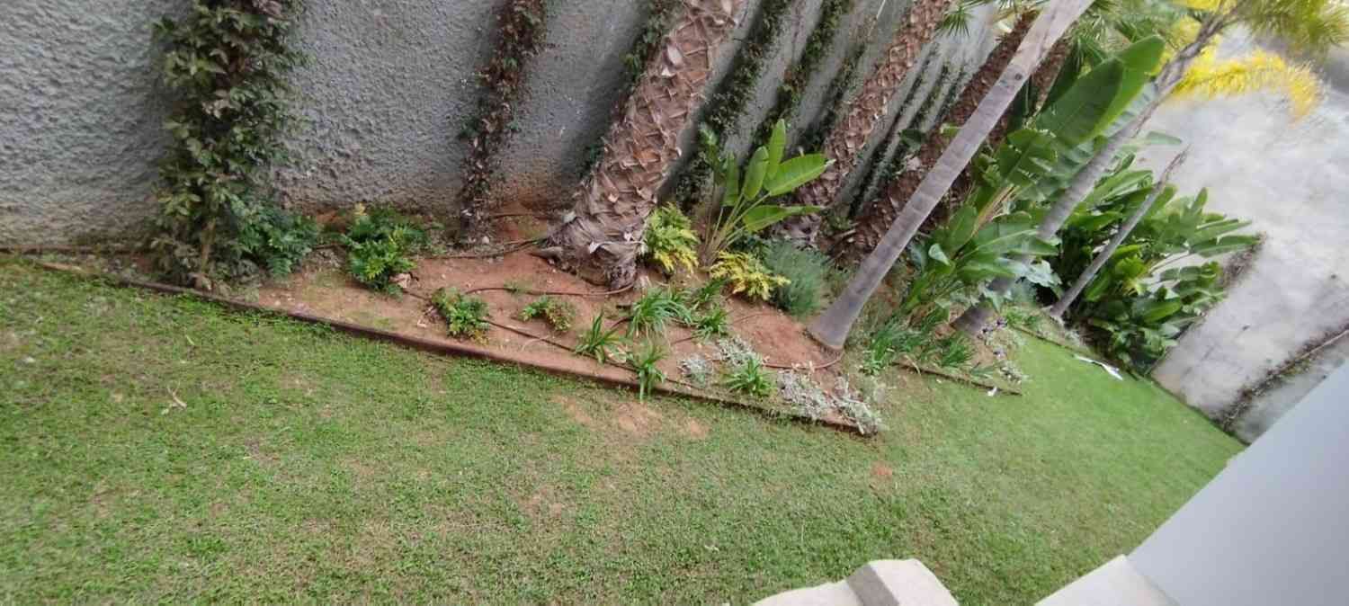 Césped verde junto a un macizo de flores con plantas y junto a una pared gris texturizada con enredaderas.