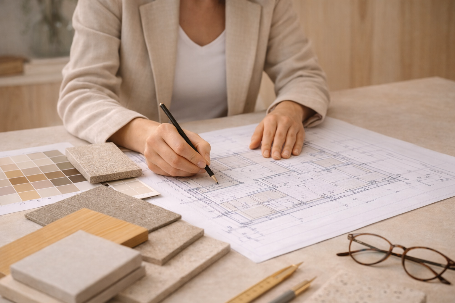 Un lápiz descansa sobre un plano arquitectónico impreso, dibujado sobre una superficie cercana a un suelo de madera.