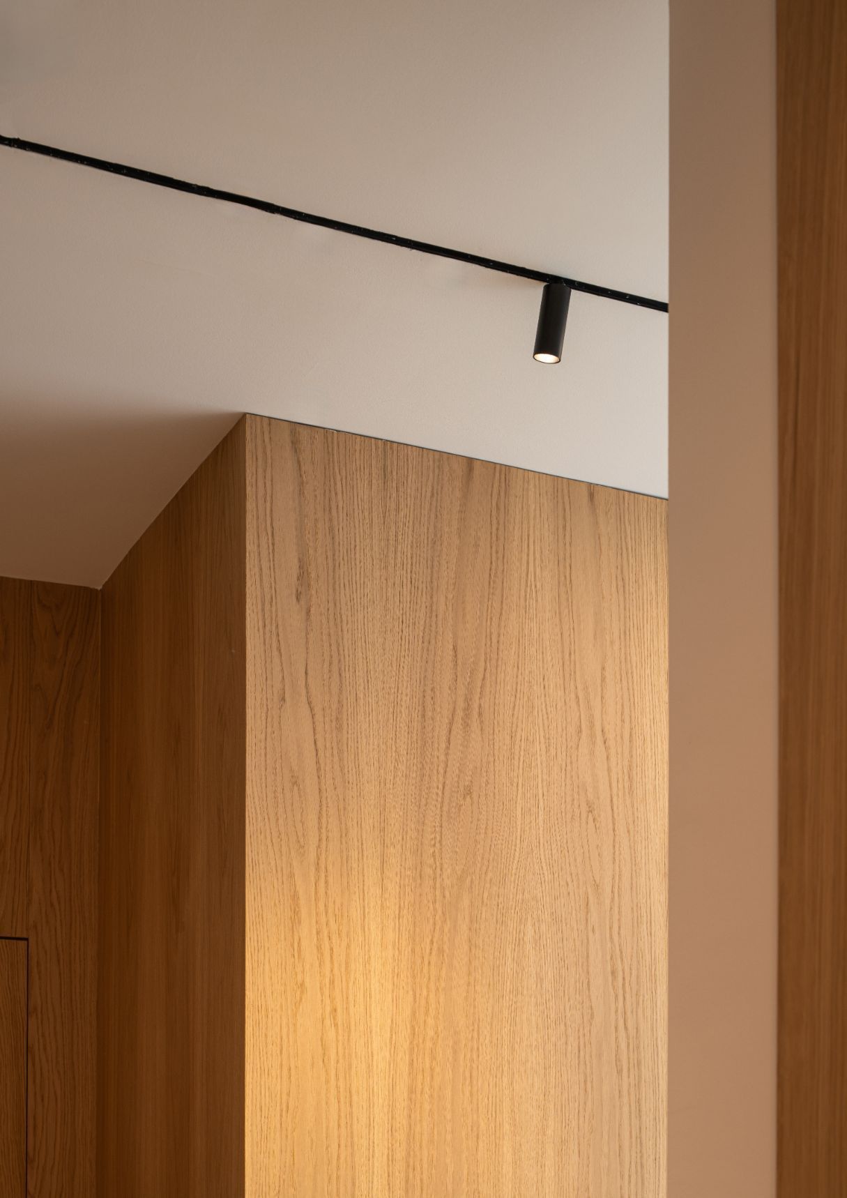 Una moderna luminaria de riel instalada en un techo blanco sobre una pared revestida con paneles de madera de color claro.