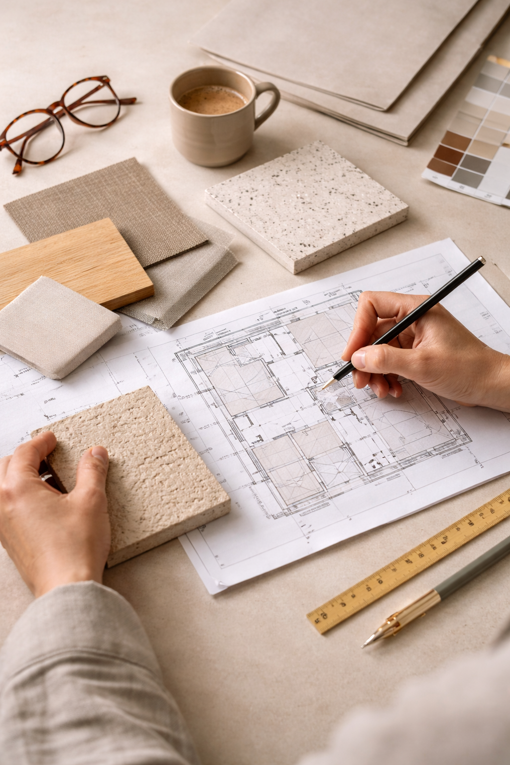 La mano de una persona reposa sobre un detallado plano arquitectónico extendido sobre una mesa en un espacio de trabajo