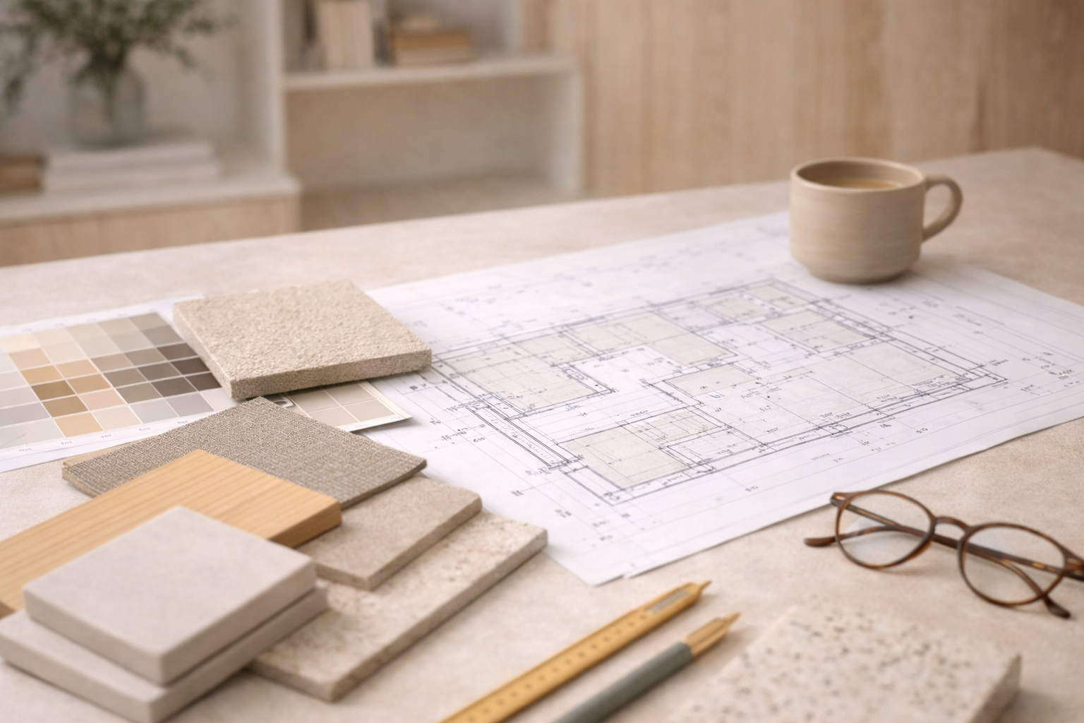 Una mesa de comedor de madera con libros abiertos, un jarrón con plantas y una lámpara negra, todo ello en una habitación