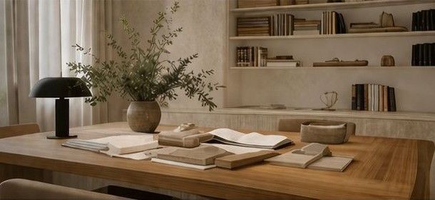 Una mesa de comedor de madera con libros abiertos, un jarrón con plantas y una lámpara negra, todo ello en una habitación