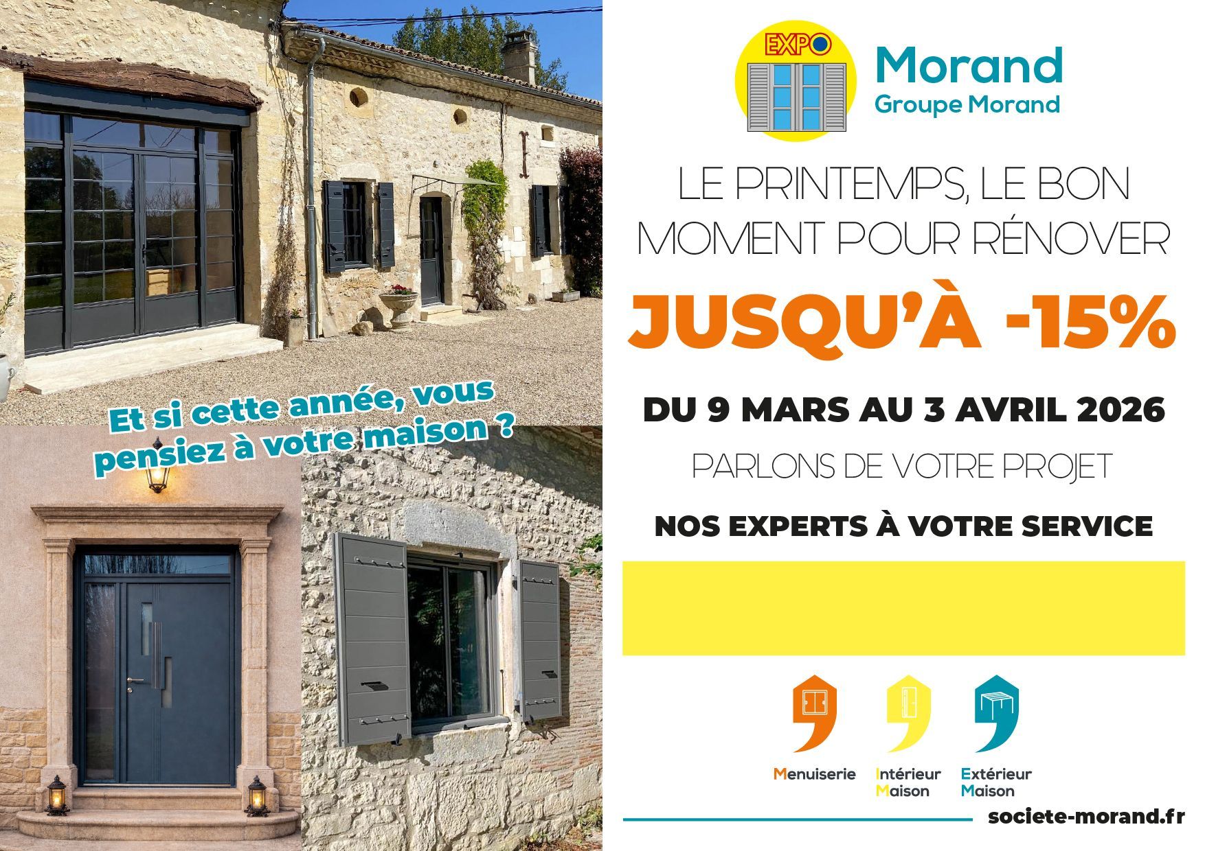 Et si cette année, vous pensiez à votre maison ? Le printemps, le bon moment pour rénover, jusqu'à -15% du 9 mars au 3 avril 2026. Parlons de votre projet, nos experts à votre service.