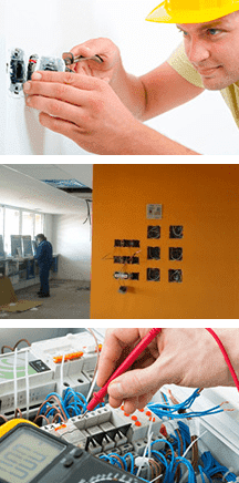 Un collage de tres fotografías de un electricista trabajando en una pared.