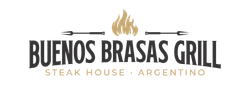 Logotipo de Buenos Brasas Grill con icono de llama dorada y texto “Steak House · Argentino”