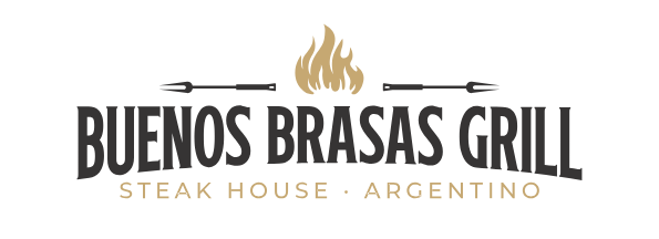 Logotipo de Buenos Brasas Grill con icono de llama dorada y texto &ldquo;Steak House &middot; Argentino&rdquo;