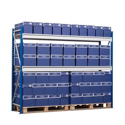 Una pila de cajas azules con la palabra copia en ellas