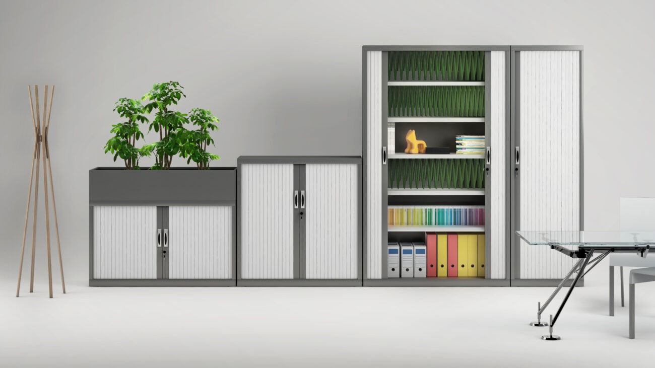 Una habitación con un escritorio, armarios, estantes y una planta.