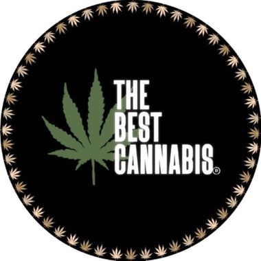 Logotipo circular con fondo negro, hoja de cannabis verde y texto blanco: "EL MEJOR CANNABIS".