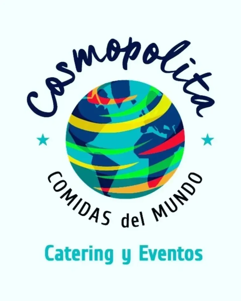 Logo de Cosmopolita Comidas del Mundo y Catering y Eventos, con globo multicolor sobre fondo blanco.