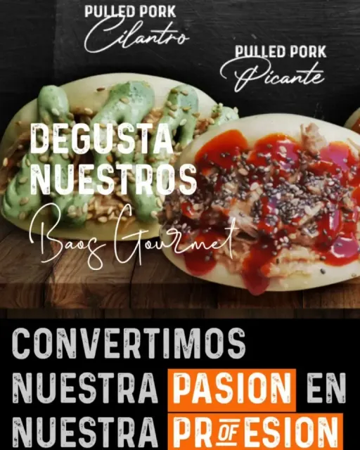 Pulled pork tacos with cilantro and picante sauce, promoting “degusta nuestros” 