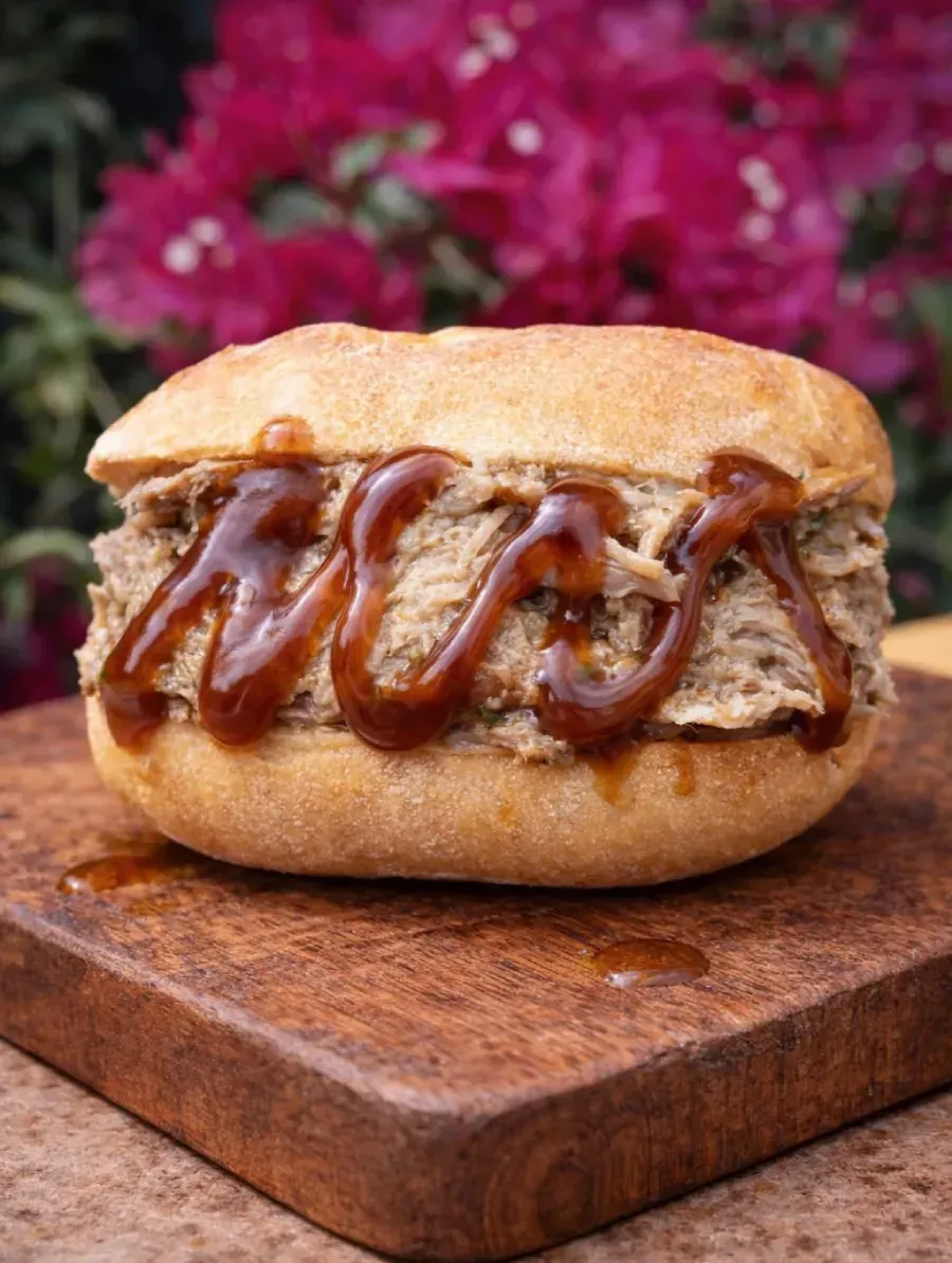 Hamburguesa con queso fundido y cebolla caramelizada sobre una tabla de madera, con flores rosas difuminadas al fondo.