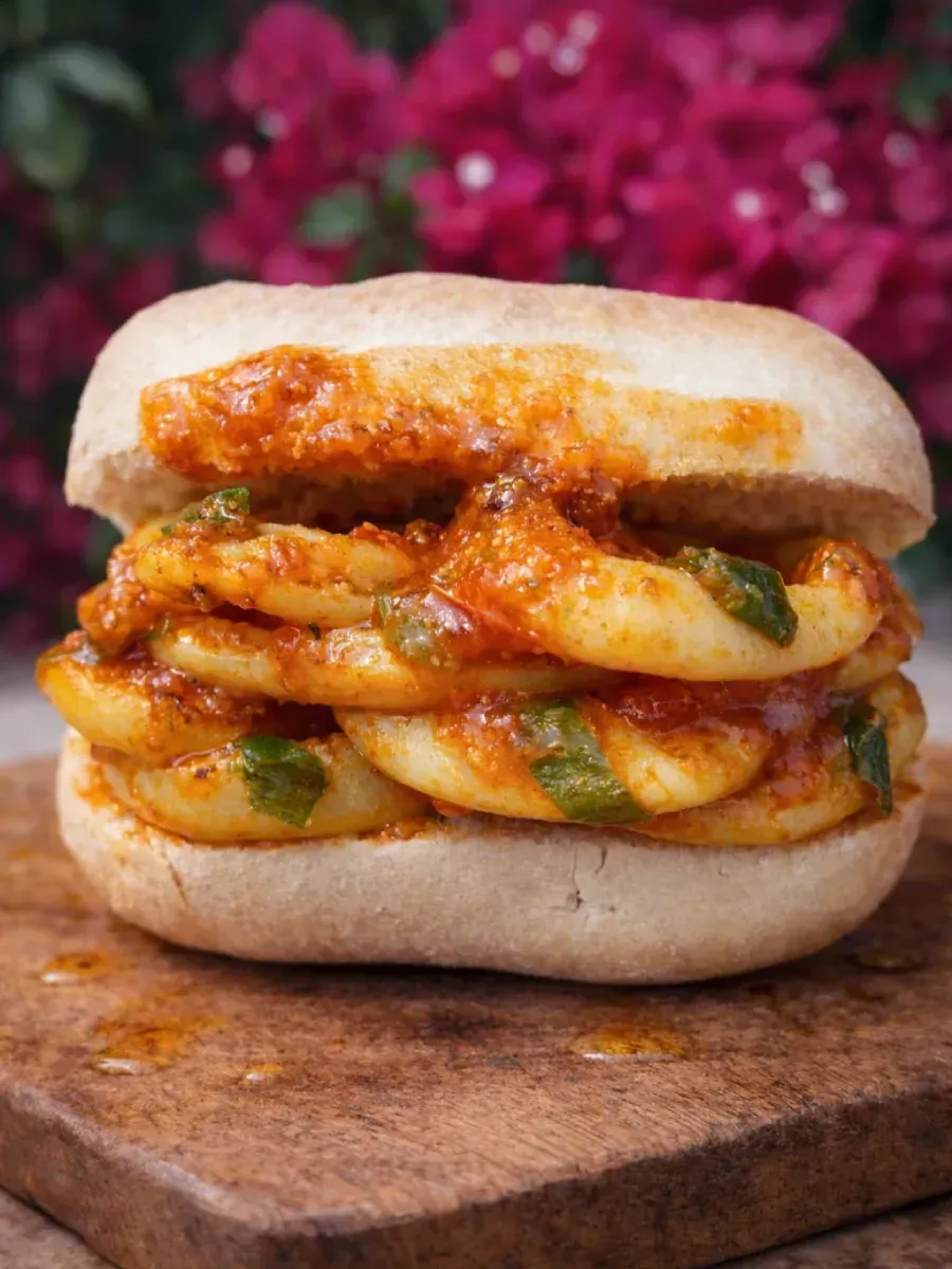 Sándwich picante con verduras a la parrilla sobre una tabla de madera con un fondo floral rosa difuminado.