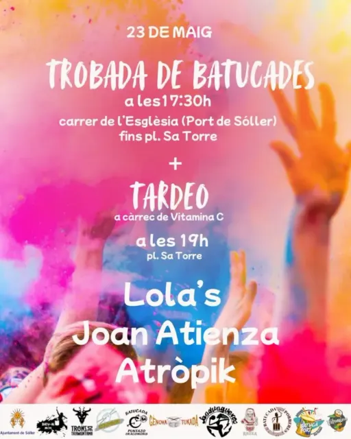 Cartel de fiesta musical en Sant Llorenç: encuentro de batucadas y tarde con Lola's, Joan Atienza y Atropic.