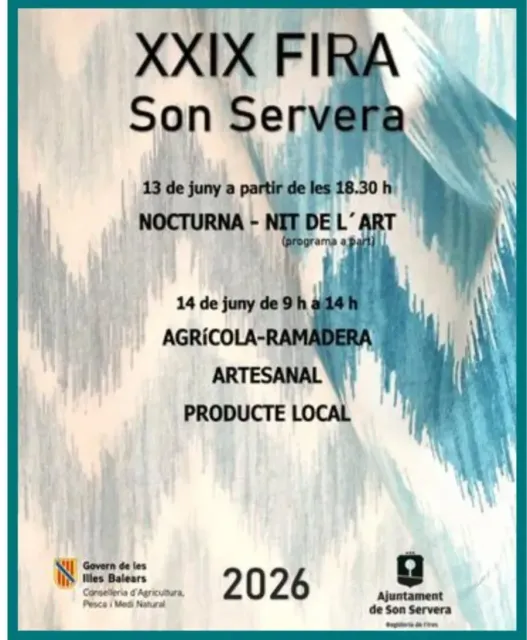 Cartel de la XXIX Fira Son Servera 2026 con pinceladas azules, fechas del evento y detalles del mercado agrícola local.