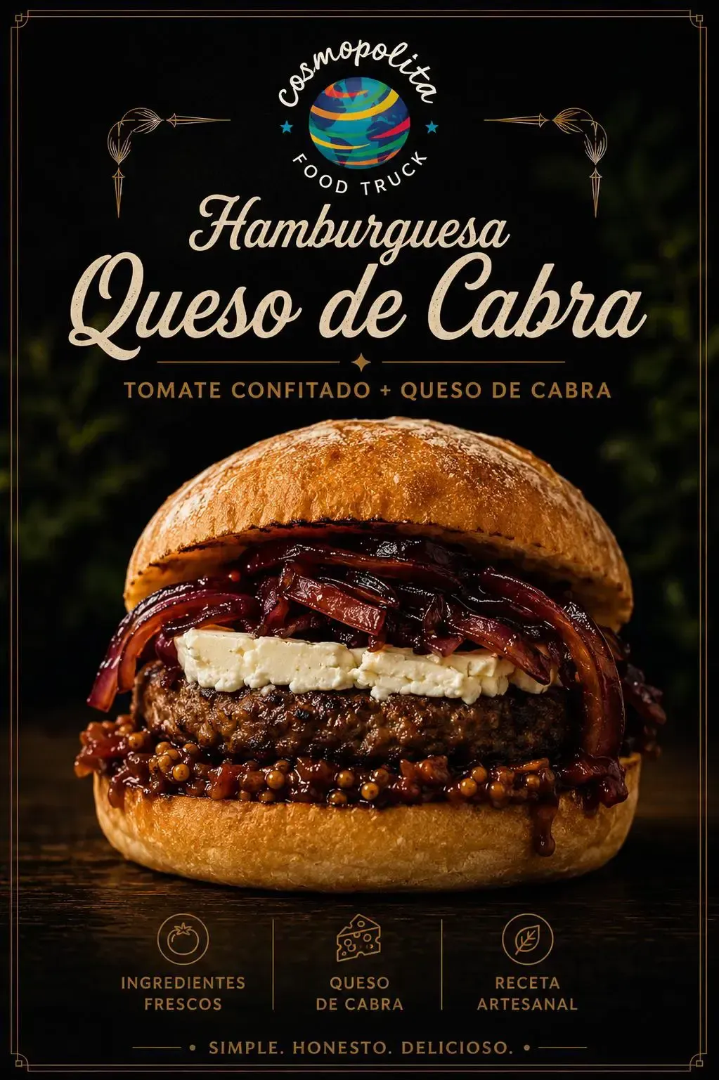 Sándwich a la parrilla con queso fundido y verduras en salsa sobre una tabla de madera