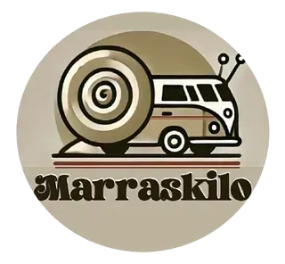 Un logotipo para Marraskilo con una furgoneta con forma de caracol.