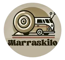 Un logotipo para Marraskilo con una furgoneta con forma de caracol.