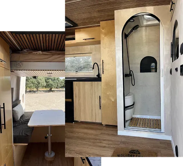 Un collage de fotos de una caravana con una mesa y una ducha.