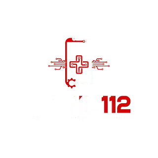 Un logotipo rojo y blanco con una cruz y el número 112 sobre un fondo blanco.