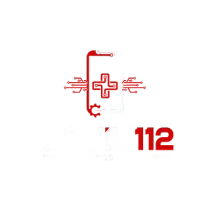 Un logotipo rojo y blanco con una cruz y el número 112 sobre un fondo blanco.