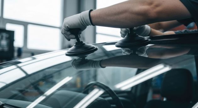 Ein Auto mit geöffneter Motorhaube in einer Autowerkstatt, ein hochgelegter SUV und rote Werkzeugwagen auf einem hellen Werkstattboden