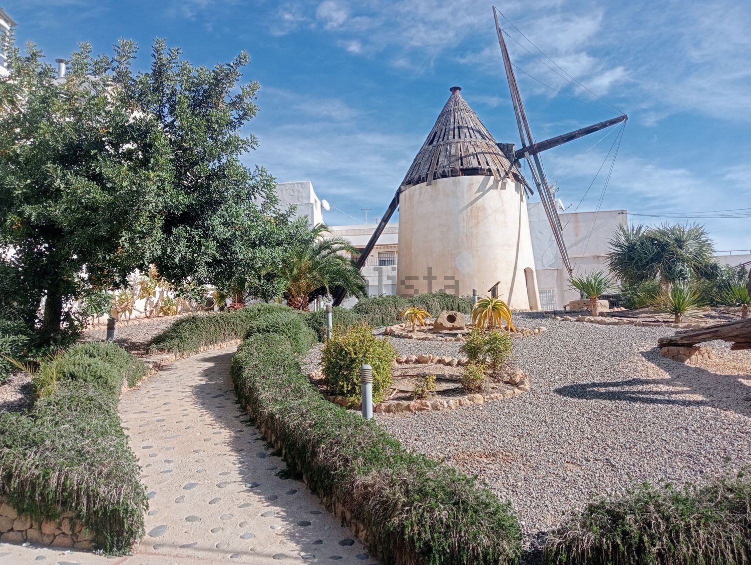 Un molino de viento está situado en el medio de un parque rodeado de árboles.