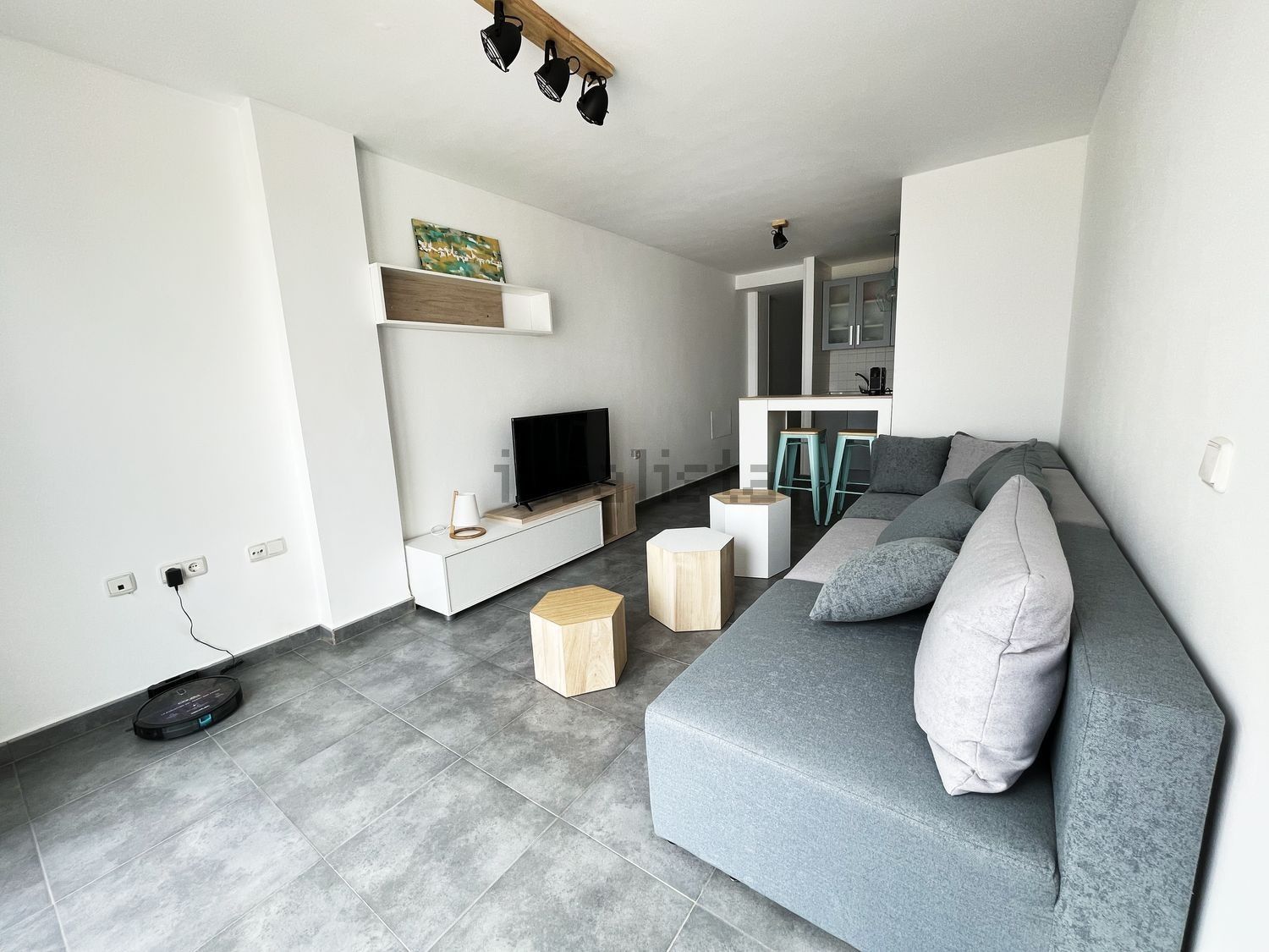 Una sala de estar con un sofá y un televisor