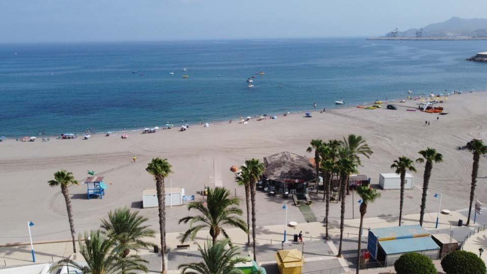 Una vista aérea de una playa con palmeras y sombrillas.