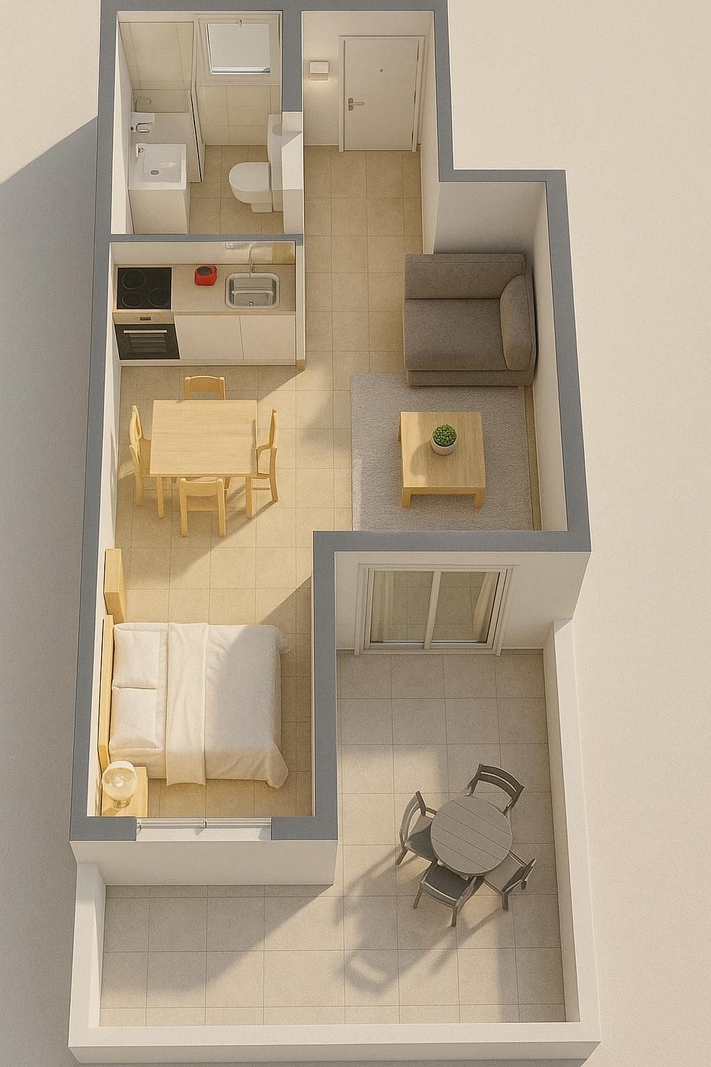 Vista de arriba hacia abajo de un pequeño apartamento con cocina, sala de estar, dormitorio y patio exterior con muebles.