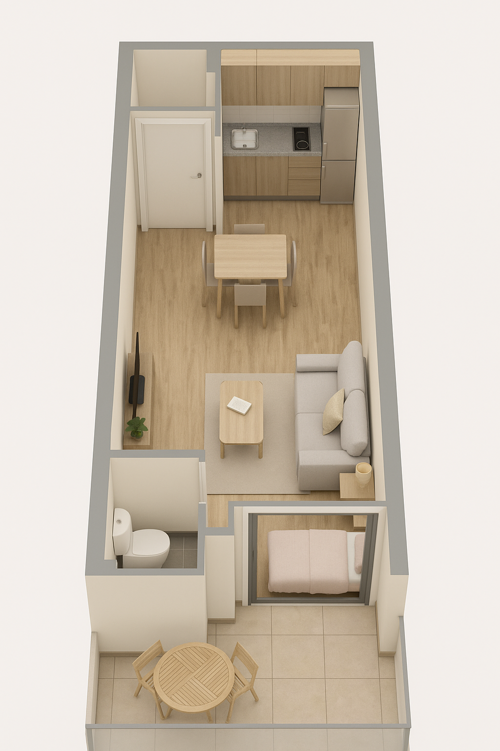 Plano de planta de un pequeño apartamento tipo estudio con balcón y espacio abierto, cocina y baño.