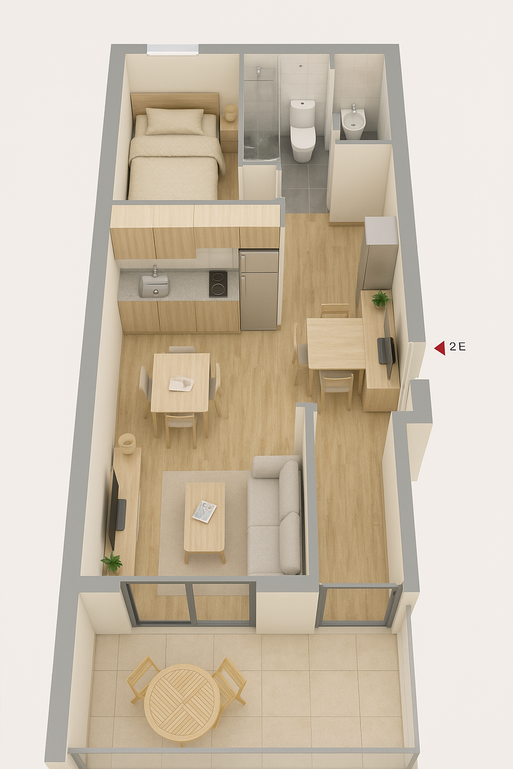 Vista aérea de un pequeño apartamento con balcón. Incluye dormitorio, baño, cocina, sala de estar y comedor.