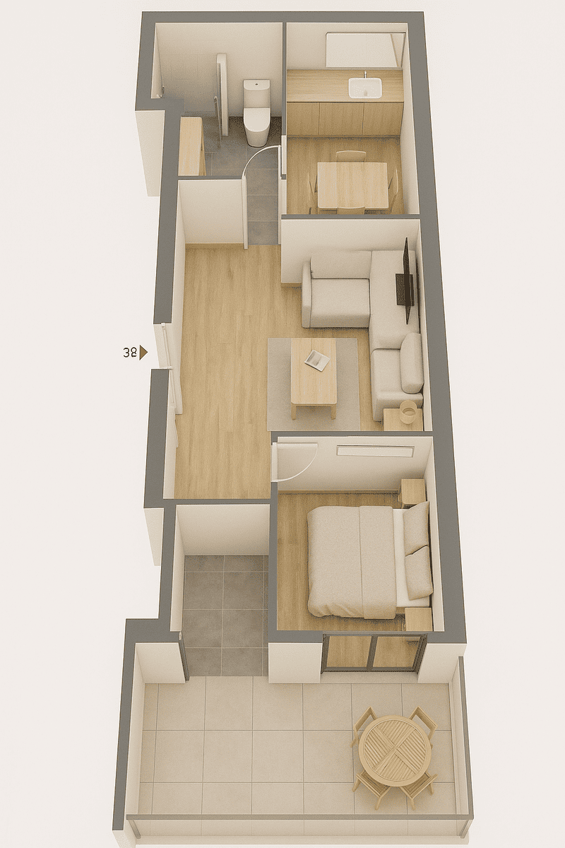 Plano de piso estrecho: dormitorio, salón, cocina, baño y balcón.