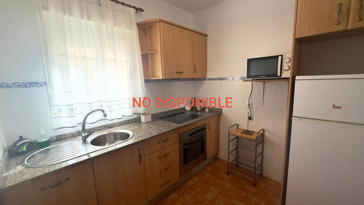 Pequeña cocina con gabinetes de madera, fregadero de acero inoxidable, horno y microondas cerca de una ventana.
