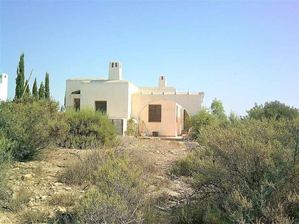 Una casa blanca con chimenea está rodeada de arbustos y árboles.