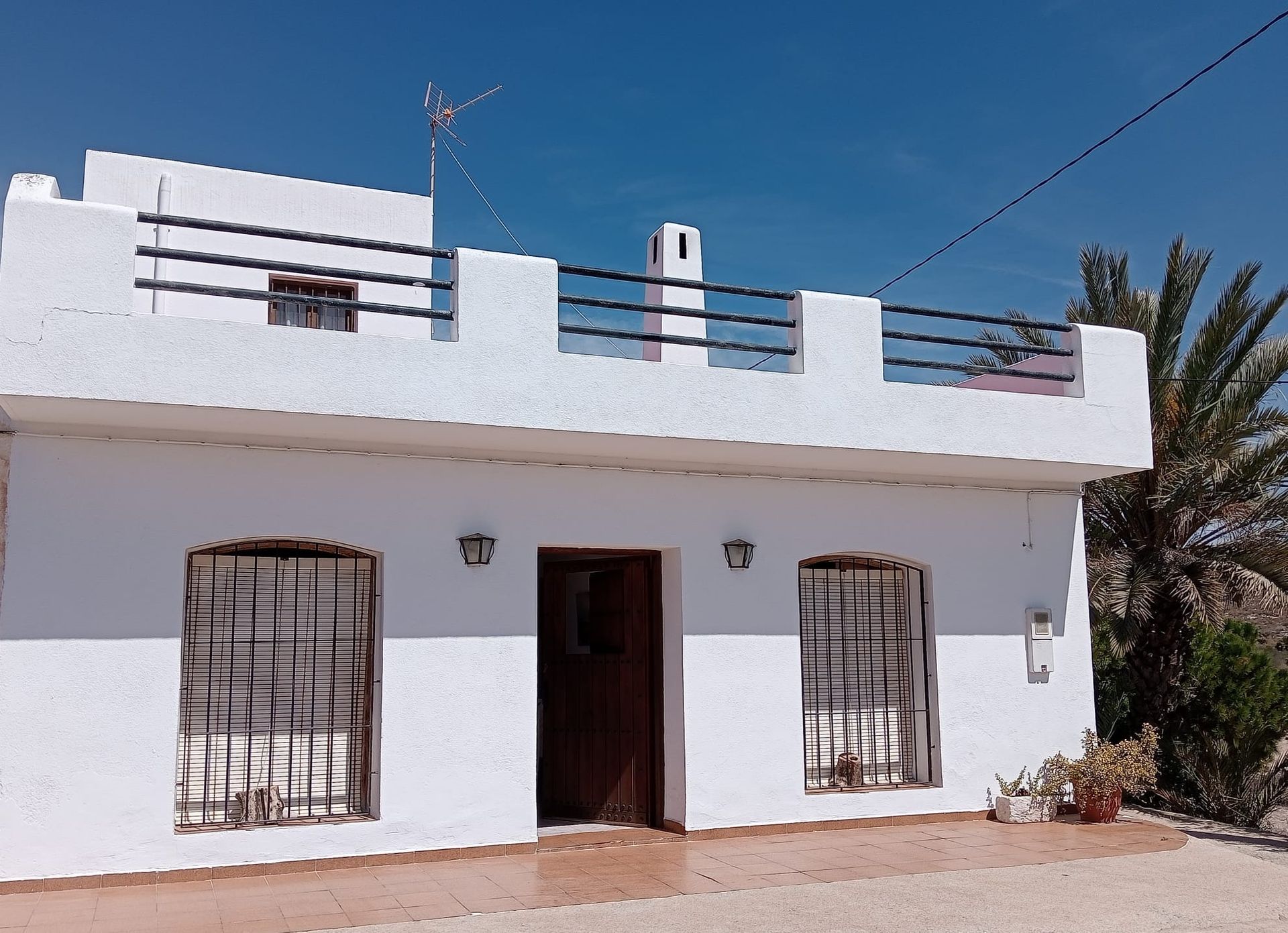 Una casa blanca con una palmera al fondo