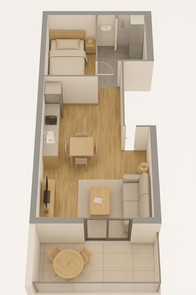 Vista de arriba hacia abajo del plano de un apartamento pequeño con dormitorio, cocina, sala de estar y balcón.