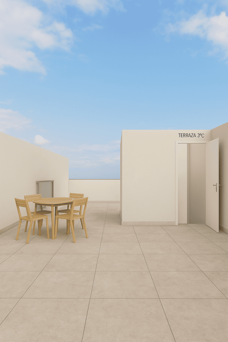 Vista de arriba hacia abajo del plano de un apartamento pequeño con dormitorio, cocina, sala de estar y balcón.