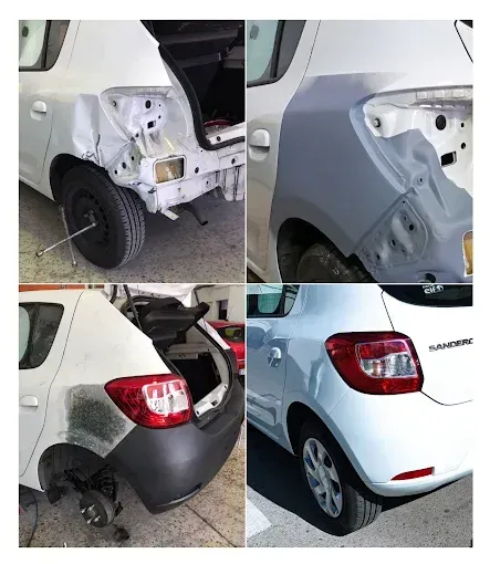 Un collage que muestra cuatro etapas de la reparación de los daños en el panel 