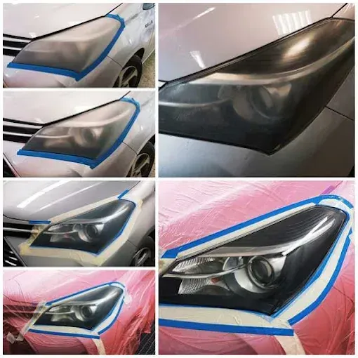 Un collage que muestra el proceso paso a paso para restaurar un faro 