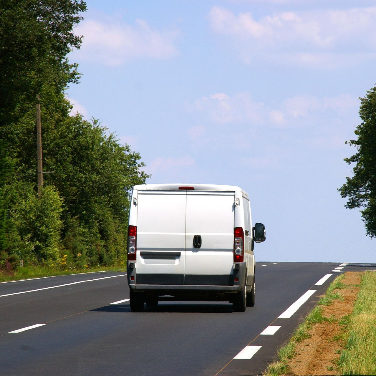 Véhicule utilitaire roulant sur une route bordée de végétation.