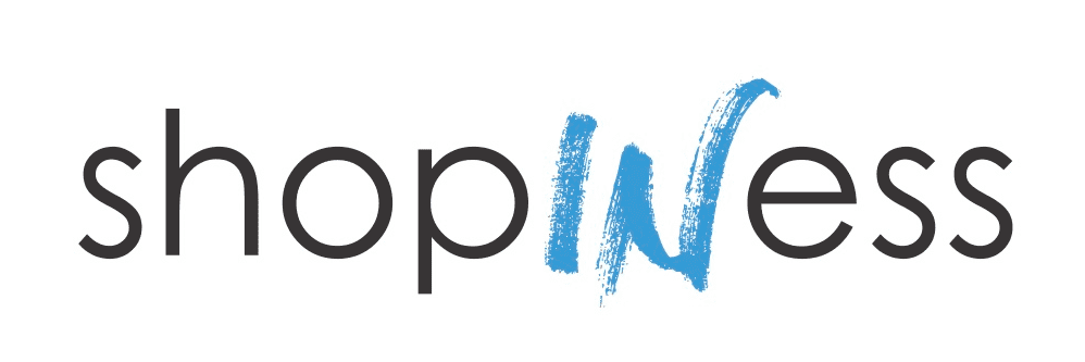 Un logotipo azul y negro para una empresa llamada Shopiness.
