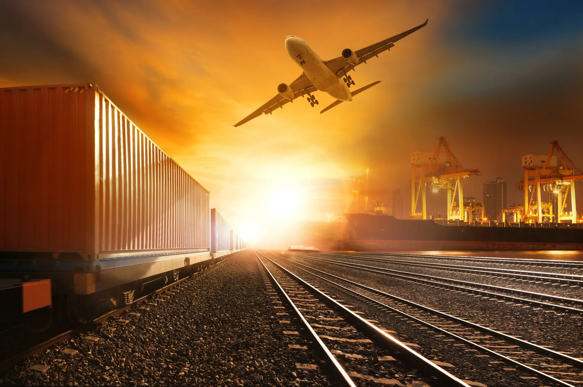 Un avión está volando sobre una vía de tren al atardecer.
