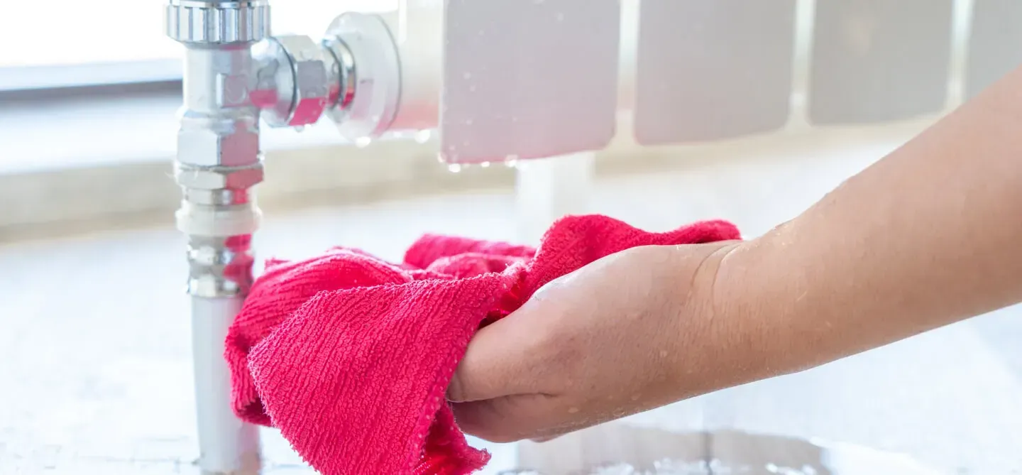 Torchon sous un radiateur qui fuit
