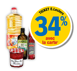 34 % en ticket E.Leclerc avec la carte sur les huiles et vinaigres (Tramier, Carapelli, Frial Lesieur) et sur les produits Bonne Maman sur articles signalés en magasin. Présentation d'une bouteille d'huile de tournesol, d'une bouteille d'huile d'olive, d'une bouteille de vinaigre et d'un pot de confiture de fraise.