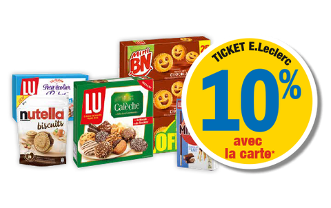 10 % en ticket E.Leclerc avec la carte sur tout le rayon biscuits au rayon épicerie sucrée. Présentation d'un paquet de biscuit de la marque Nutella, d'un lot de 3 paquets de gâteaux au chocolat de la marque BN, d'un paquet de Mikado de la marque Lu et d'une boîte d'assortiment de biscuits Calèche de la marque Lu.